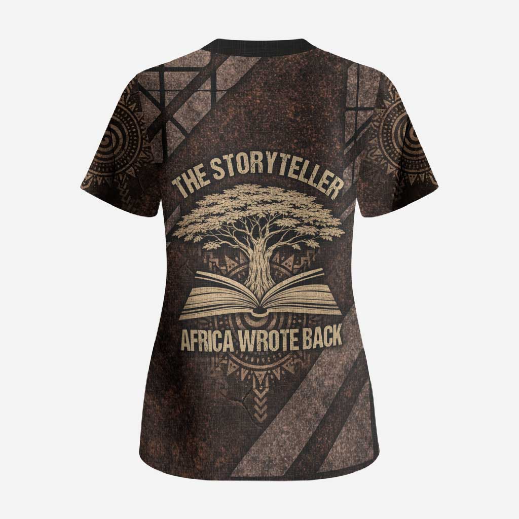 Chinua Achebe Scrub Top with Tribal Symbol Design, The Storyteller Quote and Africa Wrote Back - African Pride