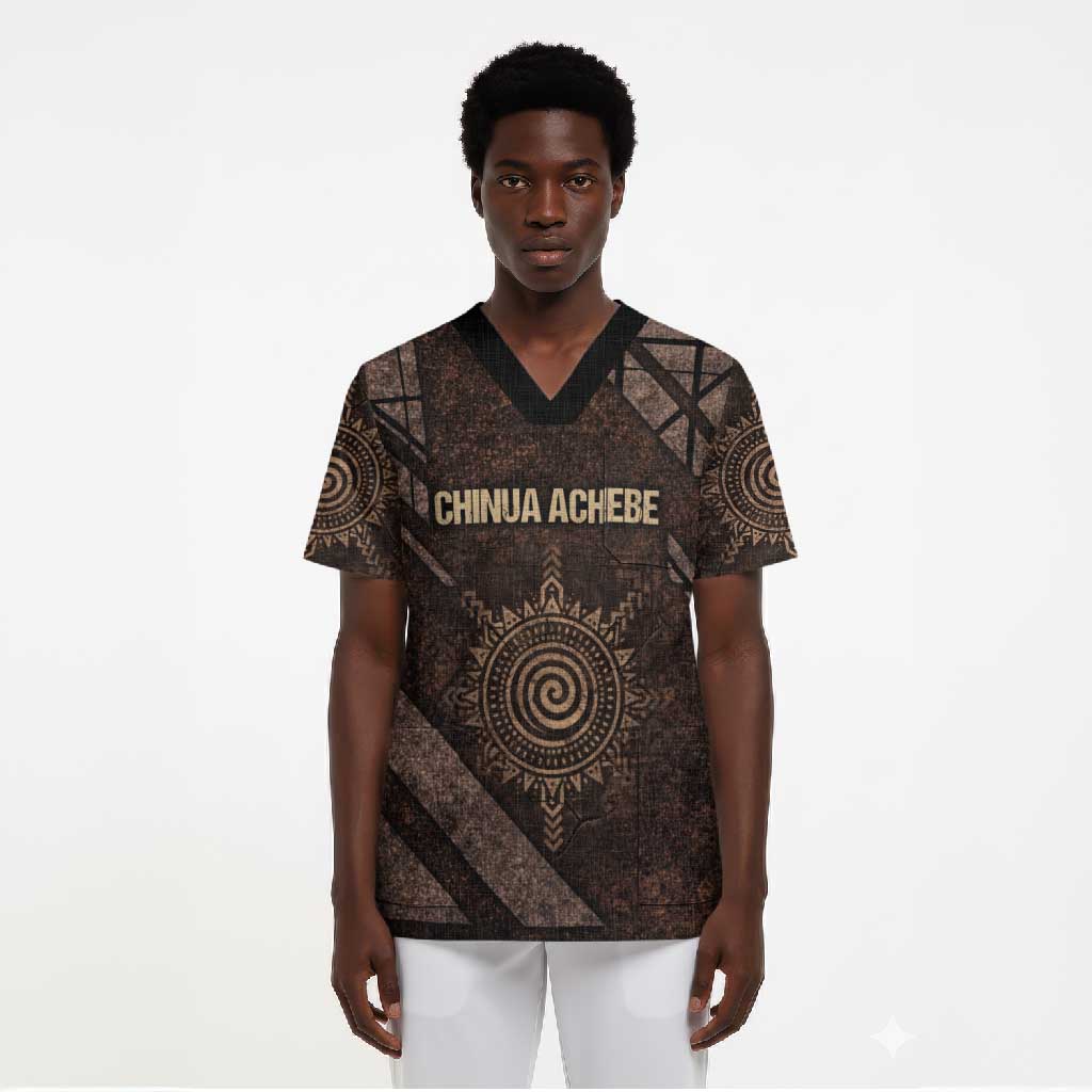 Chinua Achebe Scrub Top with Tribal Symbol Design, The Storyteller Quote and Africa Wrote Back - African Pride