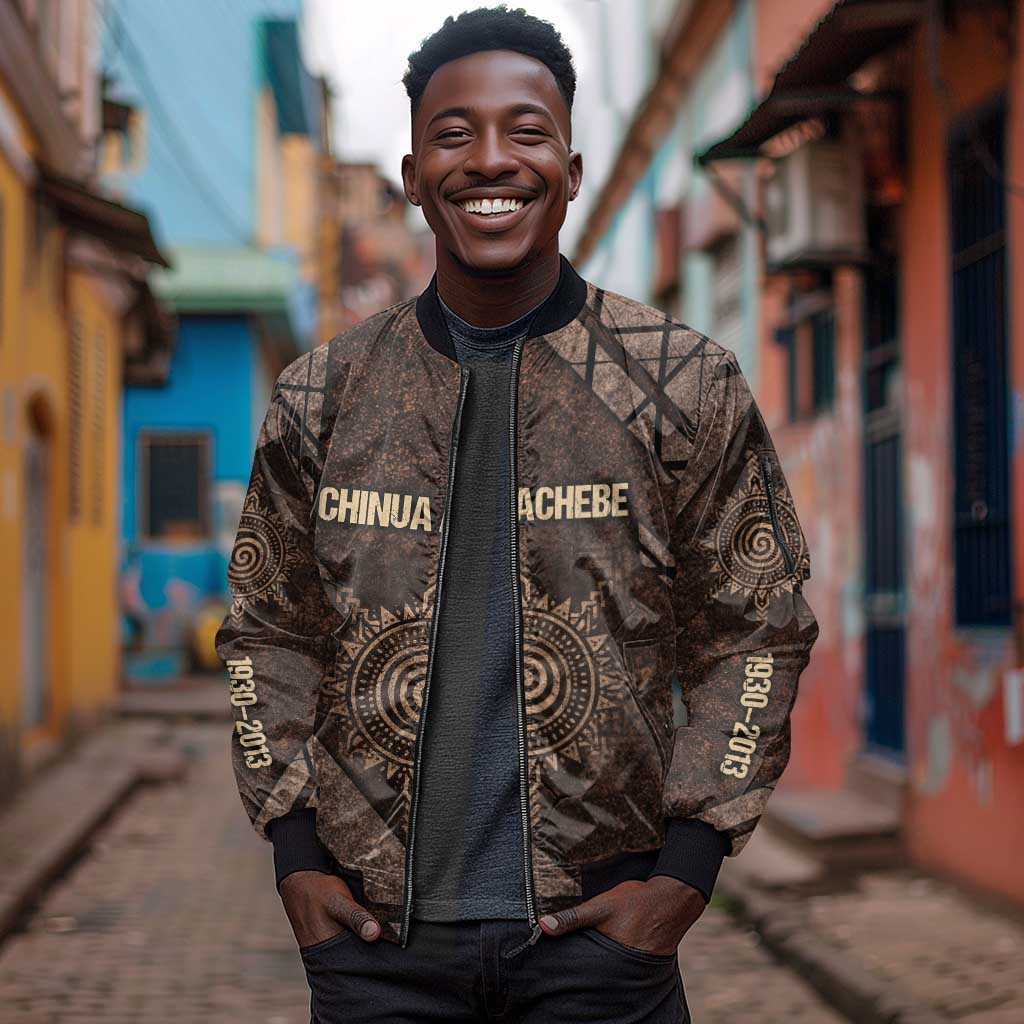 Chinua Achebe Sleeve Zip Bomber Jacket with Tribal Symbol Design, The Storyteller Quote and Africa Wrote Back - African Pride