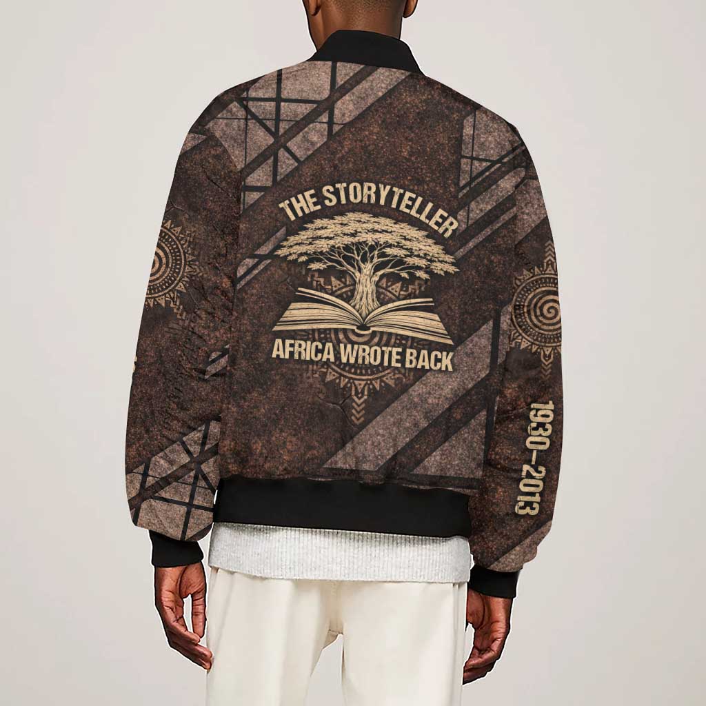 Chinua Achebe Sleeve Zip Bomber Jacket with Tribal Symbol Design, The Storyteller Quote and Africa Wrote Back - African Pride