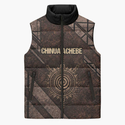 Chinua Achebe Sleeveless Puffer Jacket with Tribal Symbol Design, The Storyteller Quote and Africa Wrote Back - African Pride