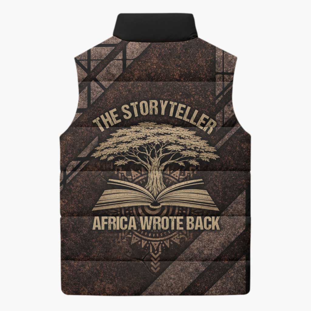Chinua Achebe Sleeveless Puffer Jacket with Tribal Symbol Design, The Storyteller Quote and Africa Wrote Back - African Pride