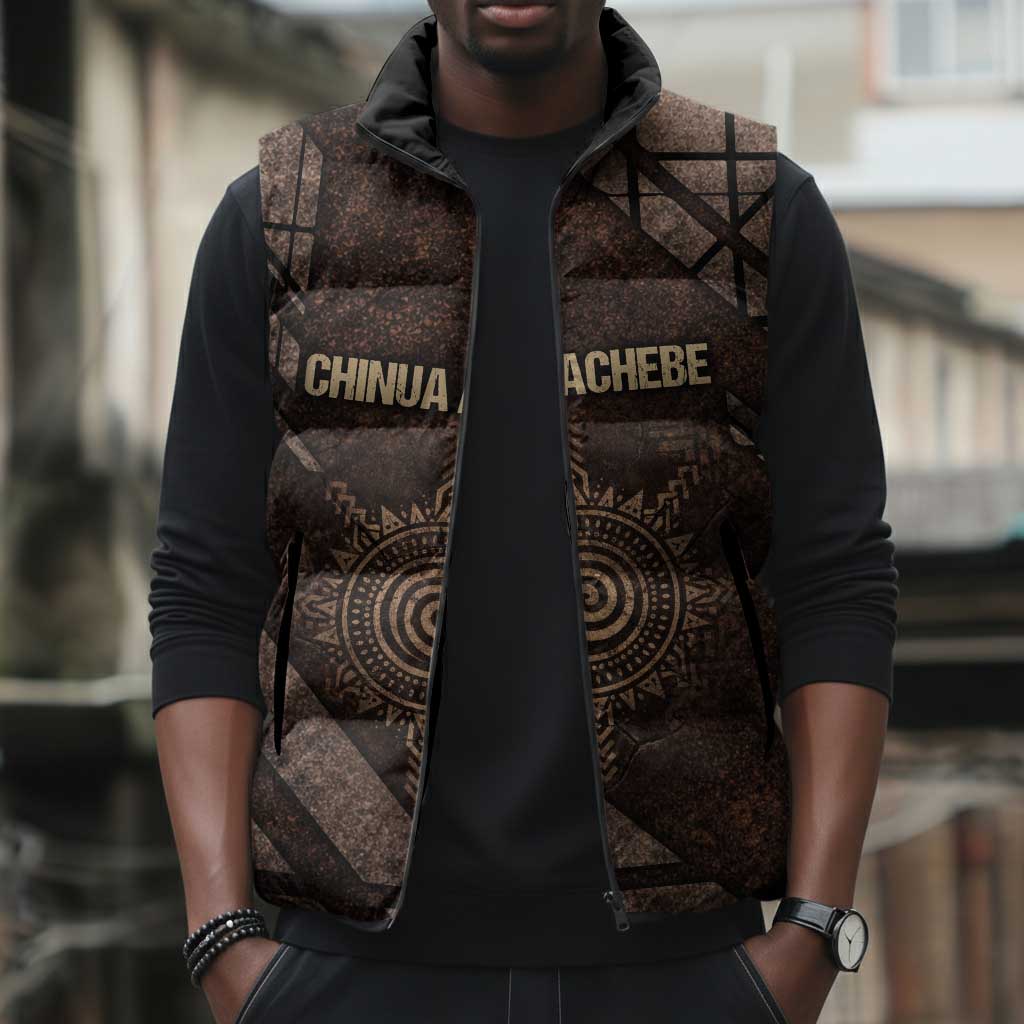 Chinua Achebe Sleeveless Puffer Jacket with Tribal Symbol Design, The Storyteller Quote and Africa Wrote Back - African Pride