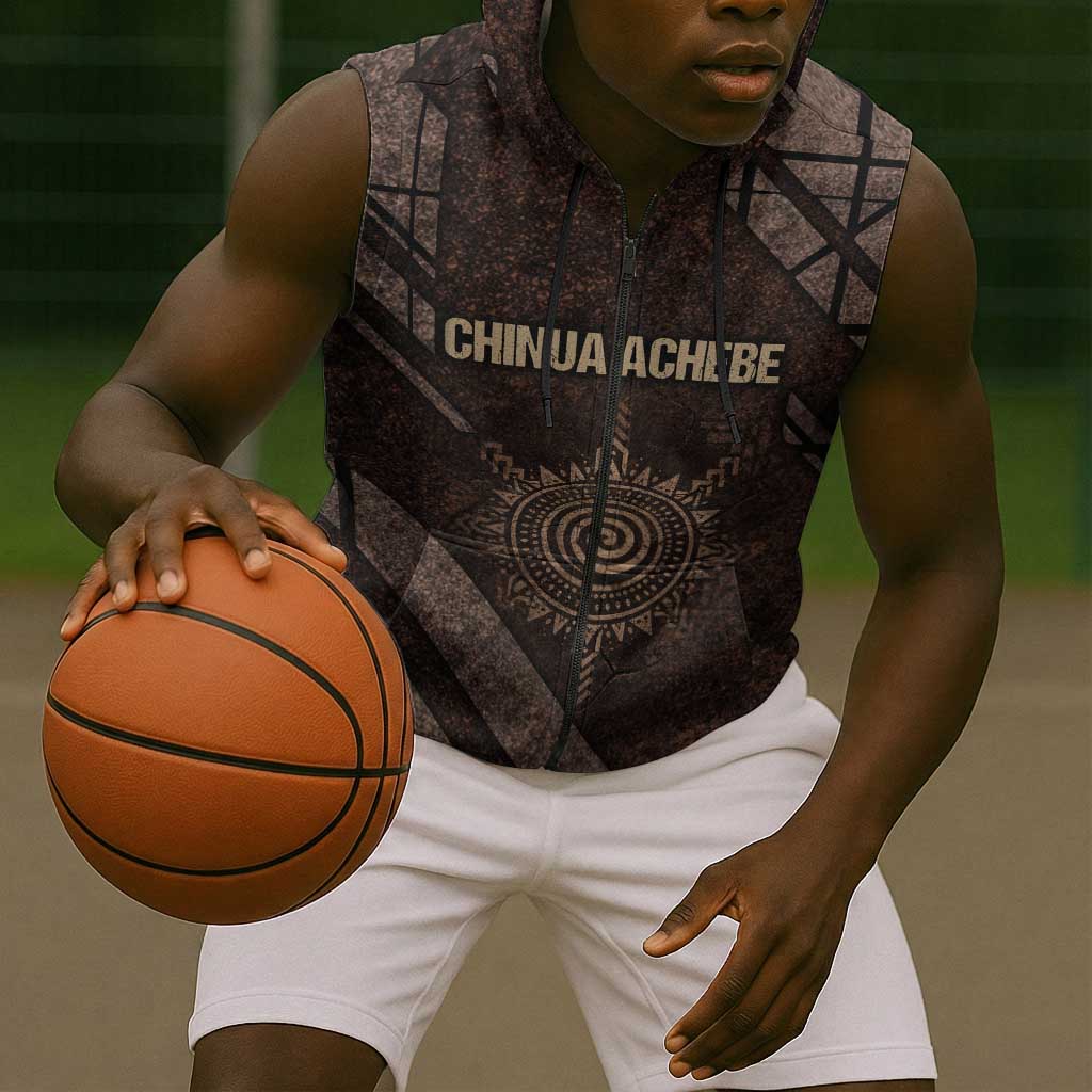 Chinua Achebe Sleeveless Zip Hoodie with Tribal Symbol Design, The Storyteller Quote and Africa Wrote Back - African Pride