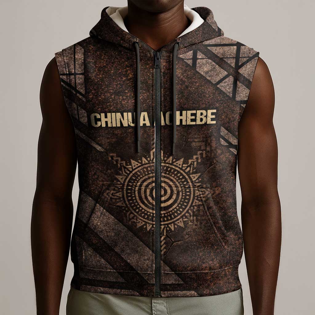 Chinua Achebe Sleeveless Zip Hoodie with Tribal Symbol Design, The Storyteller Quote and Africa Wrote Back - African Pride