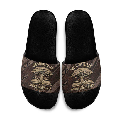 Chinua Achebe Slide Sandals with Tribal Symbol Design, The Storyteller Quote and Africa Wrote Back - African Pride
