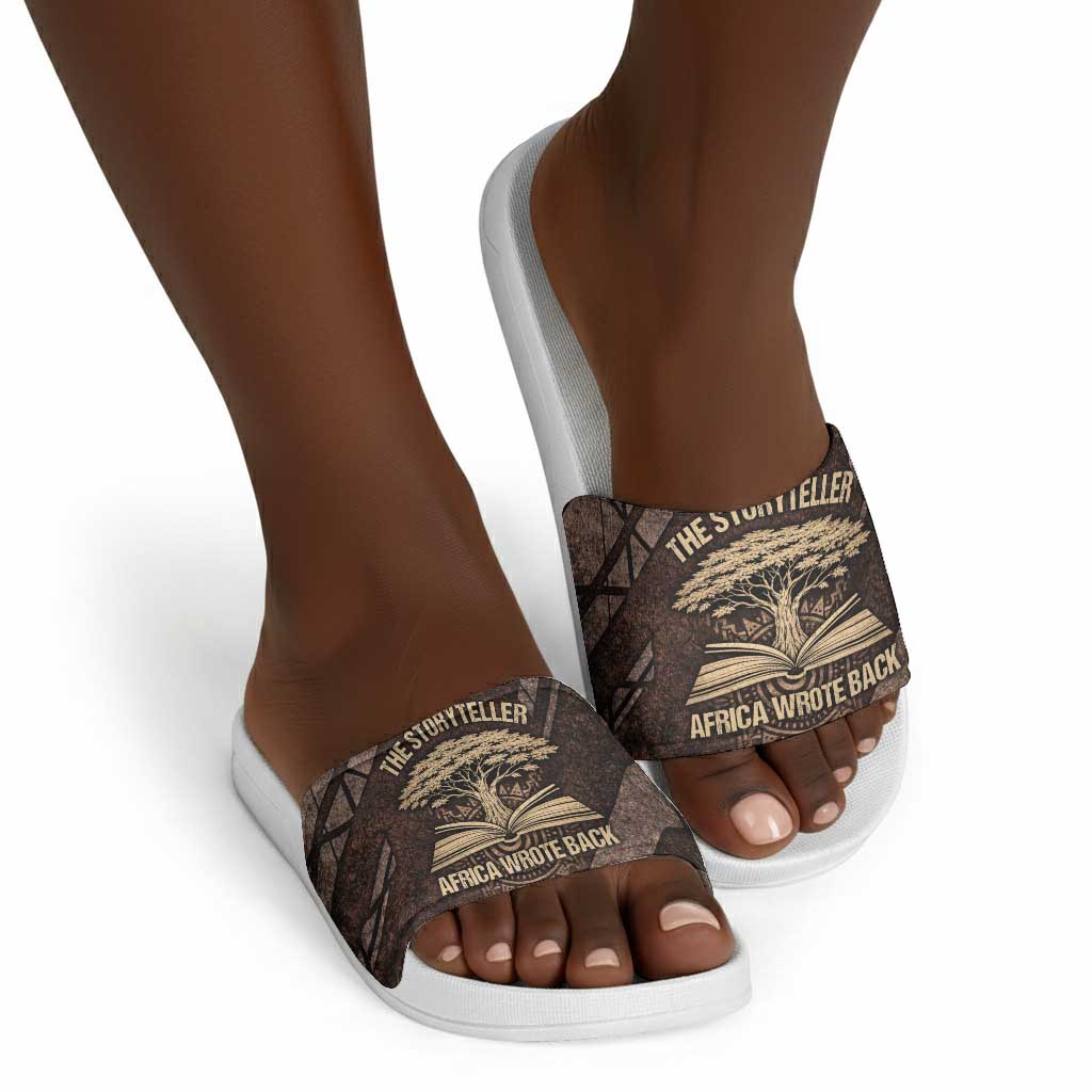 Chinua Achebe Slide Sandals with Tribal Symbol Design, The Storyteller Quote and Africa Wrote Back - African Pride