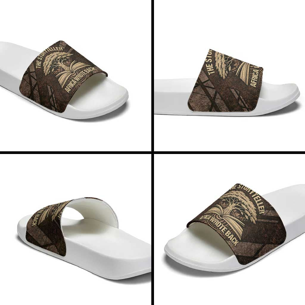 Chinua Achebe Slide Sandals with Tribal Symbol Design, The Storyteller Quote and Africa Wrote Back - African Pride