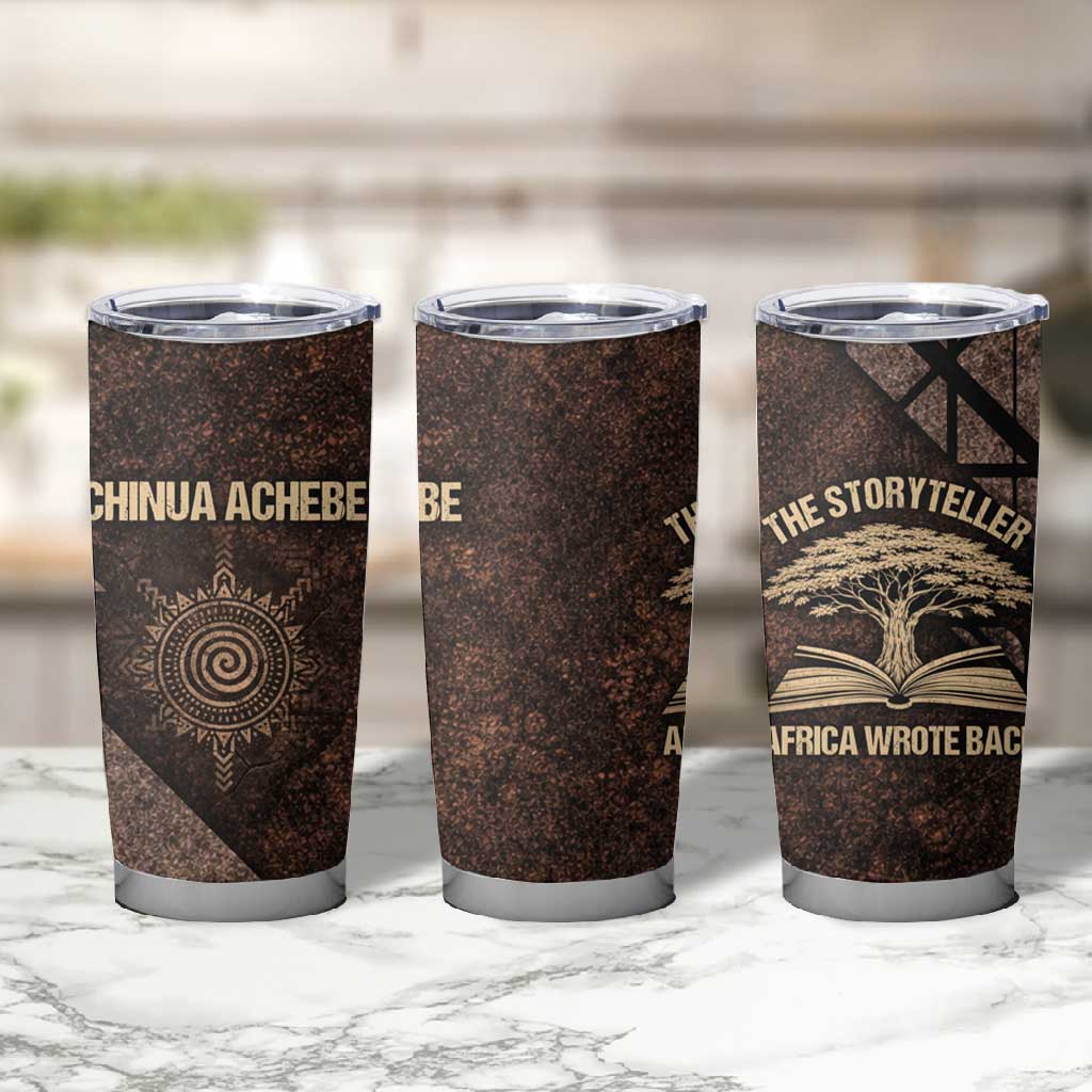 Chinua Achebe Tumbler Cup with Tribal Symbol Design, The Storyteller Quote and Africa Wrote Back - African Pride
