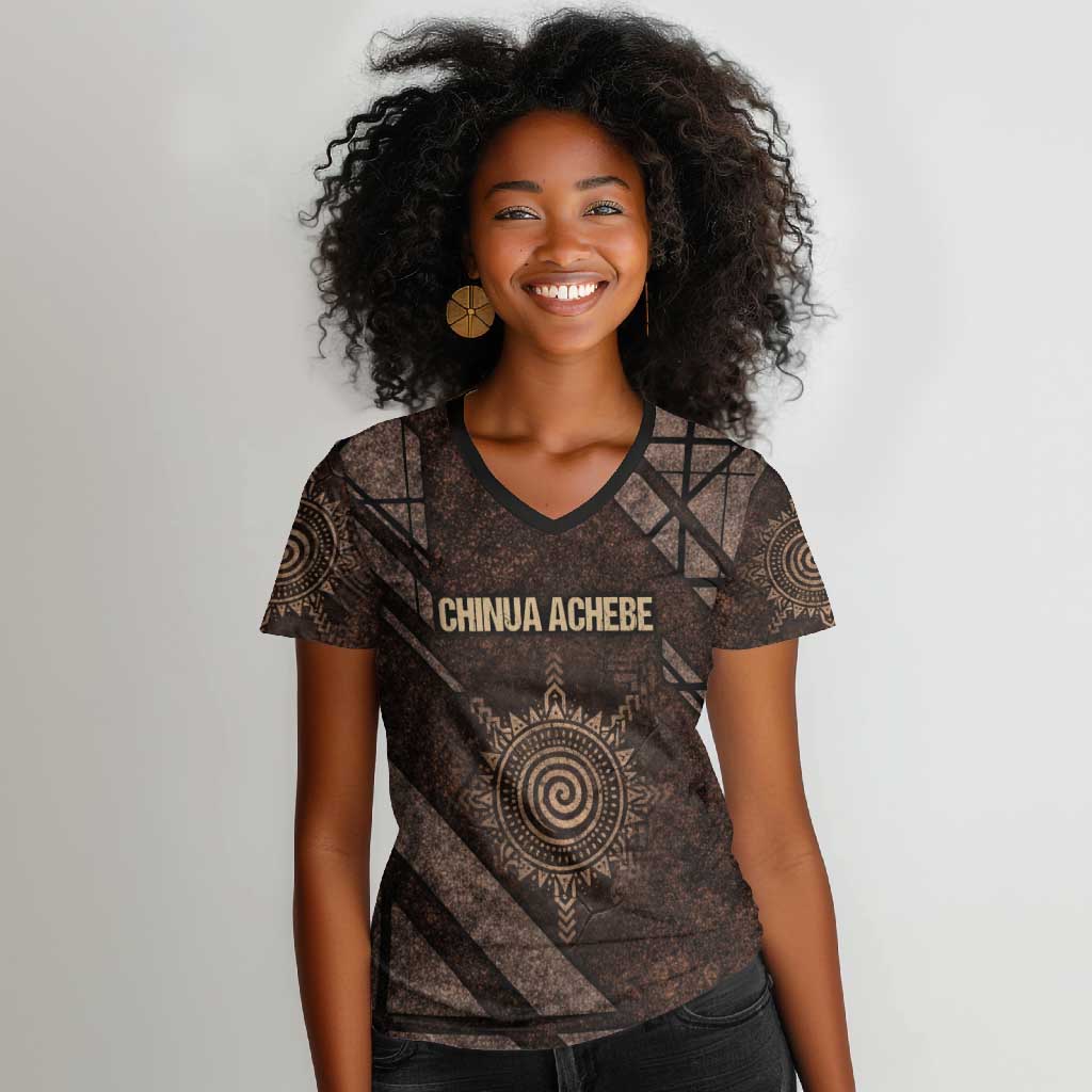 Chinua Achebe Women V-Neck T-Shirt with Tribal Symbol Design, The Storyteller Quote and Africa Wrote Back - African Pride