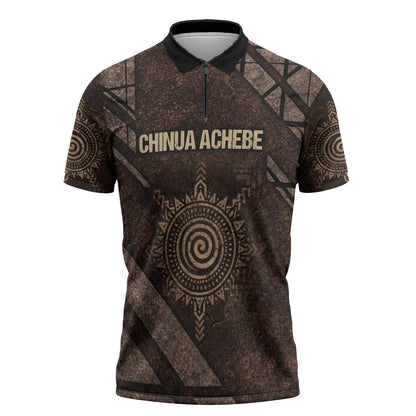 Chinua Achebe Zipper Polo Shirt with Tribal Symbol Design, The Storyteller Quote and Africa Wrote Back - African Pride