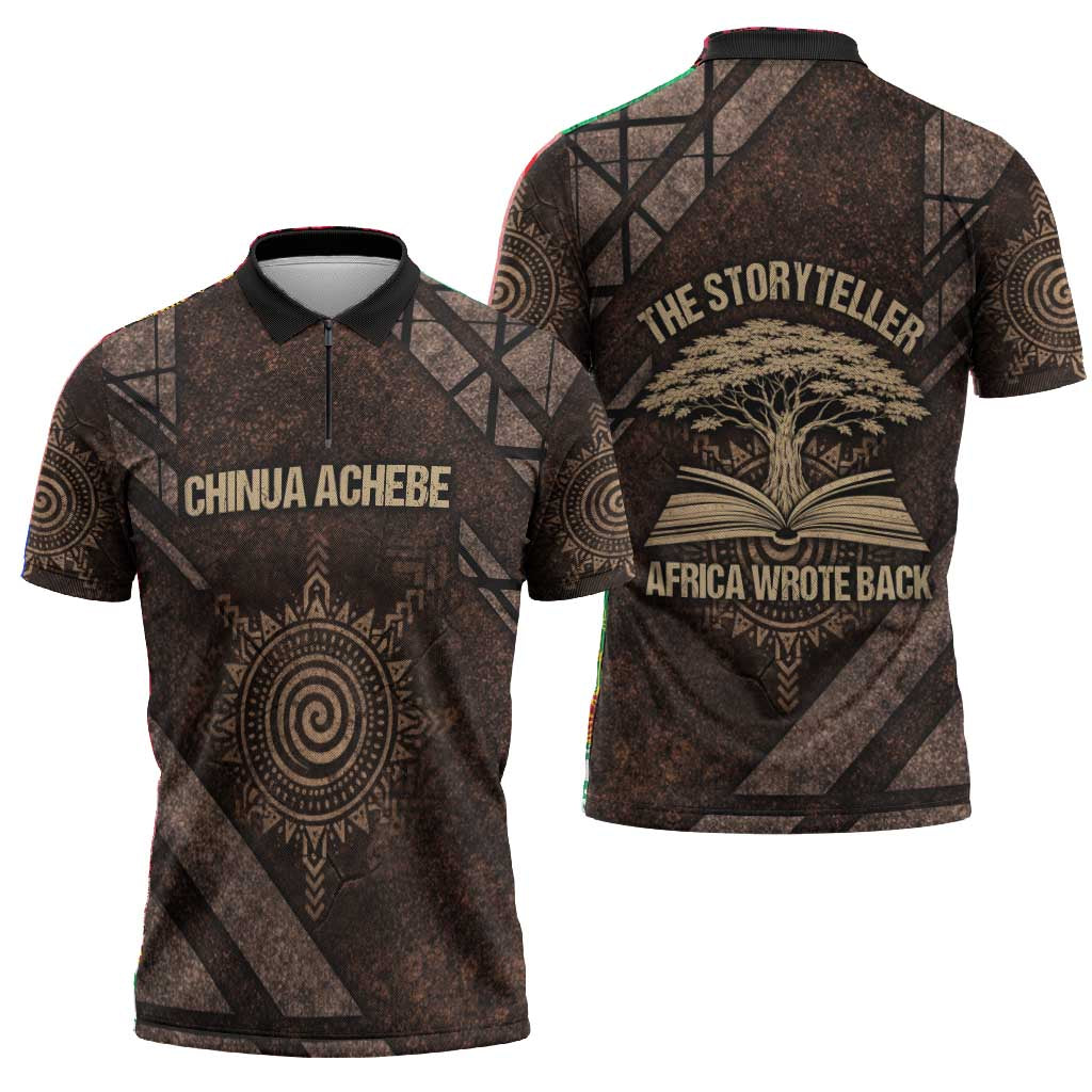 Chinua Achebe Zipper Polo Shirt with Tribal Symbol Design, The Storyteller Quote and Africa Wrote Back - African Pride