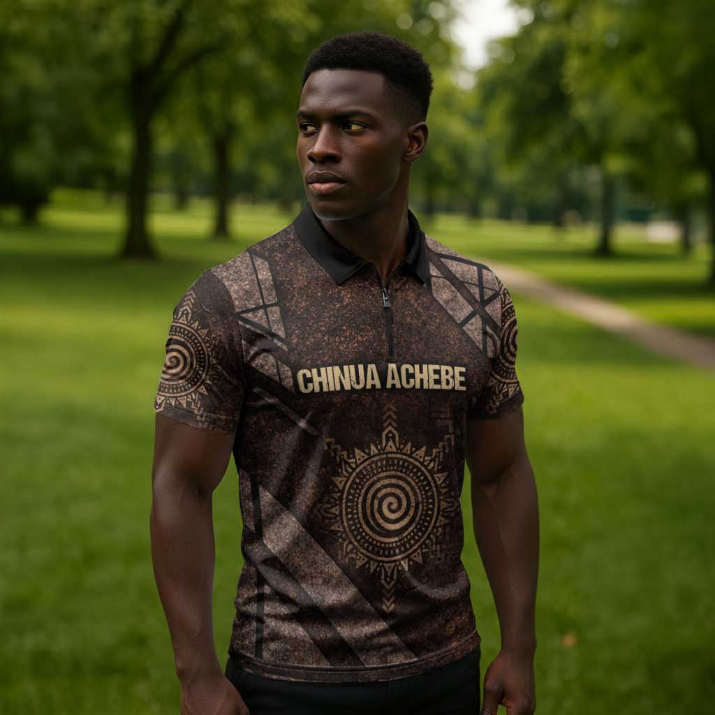 Chinua Achebe Zipper Polo Shirt with Tribal Symbol Design, The Storyteller Quote and Africa Wrote Back - African Pride