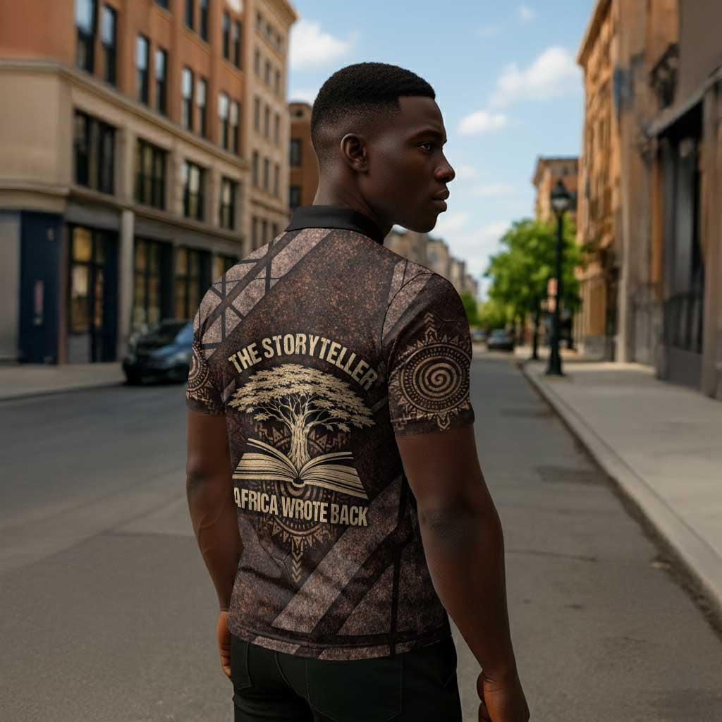 Chinua Achebe Zipper Polo Shirt with Tribal Symbol Design, The Storyteller Quote and Africa Wrote Back - African Pride