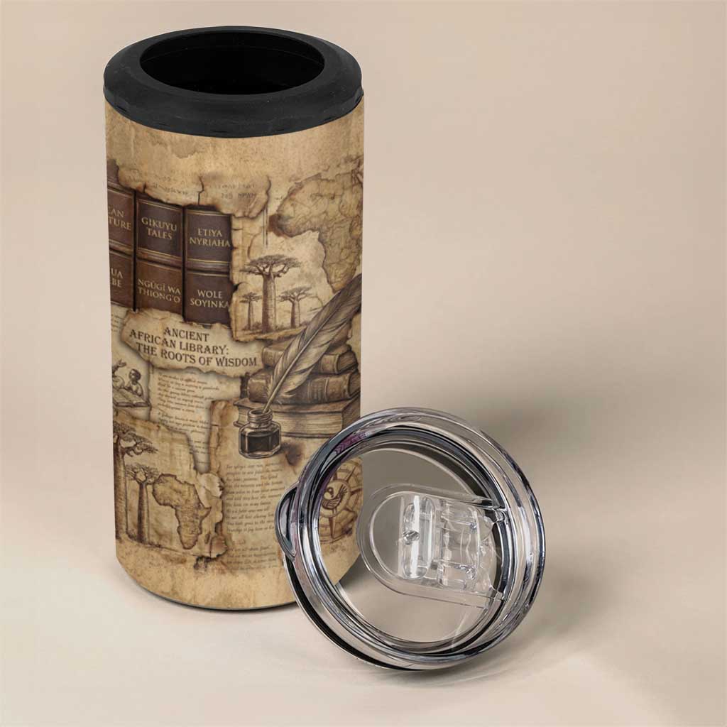 Ngugi wa Thiong O 4 in 1 Can Cooler Tumbler Vintage Map Ancient African Library - Decolonising the Mind - African Pride