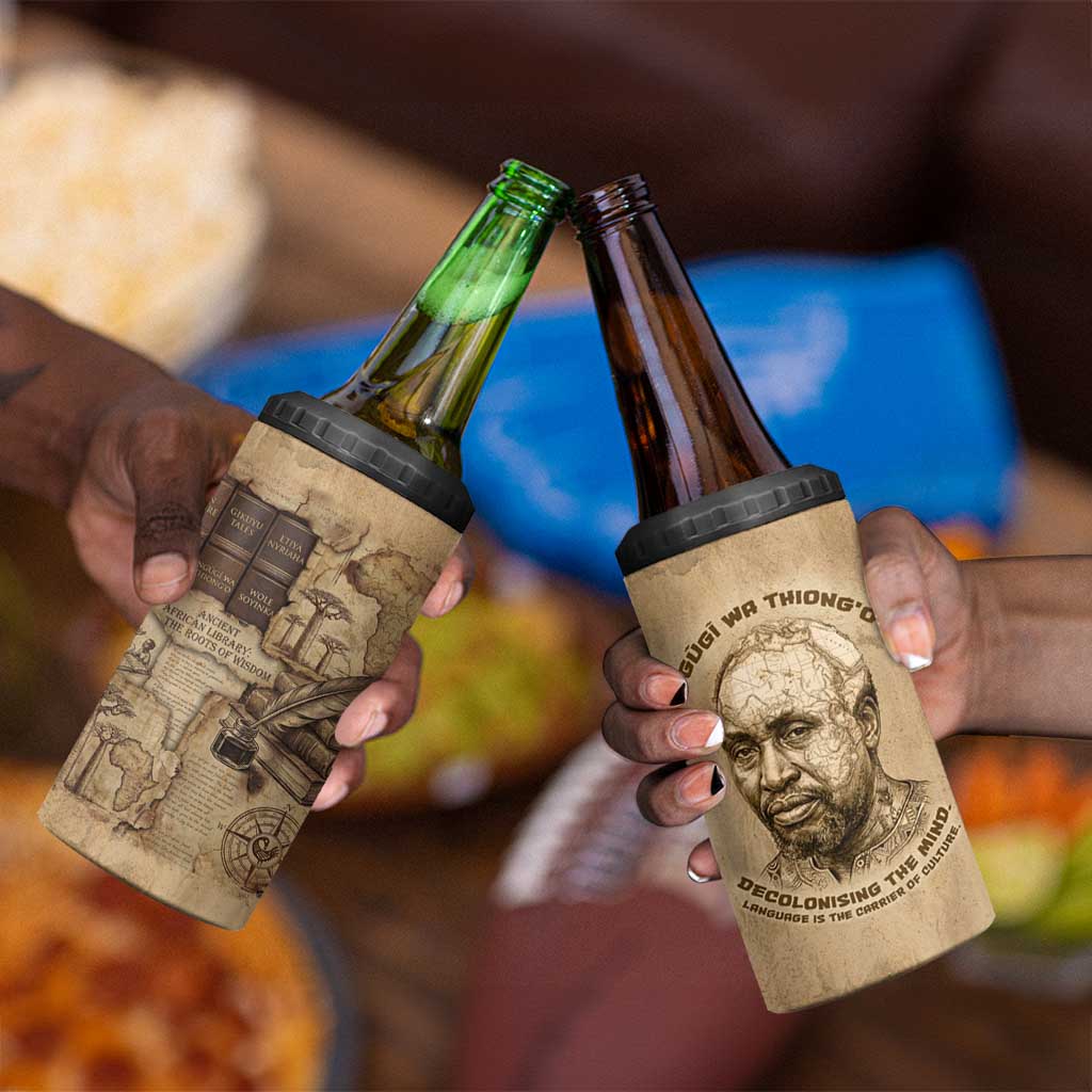 Ngugi wa Thiong O 4 in 1 Can Cooler Tumbler Vintage Map Ancient African Library - Decolonising the Mind - African Pride