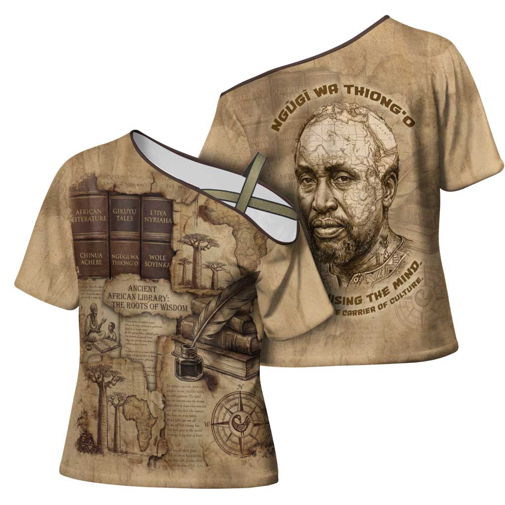 Ngugi wa Thiong O Cross Shoulder Shirt Vintage Map Ancient African Library - Decolonising the Mind - African Pride