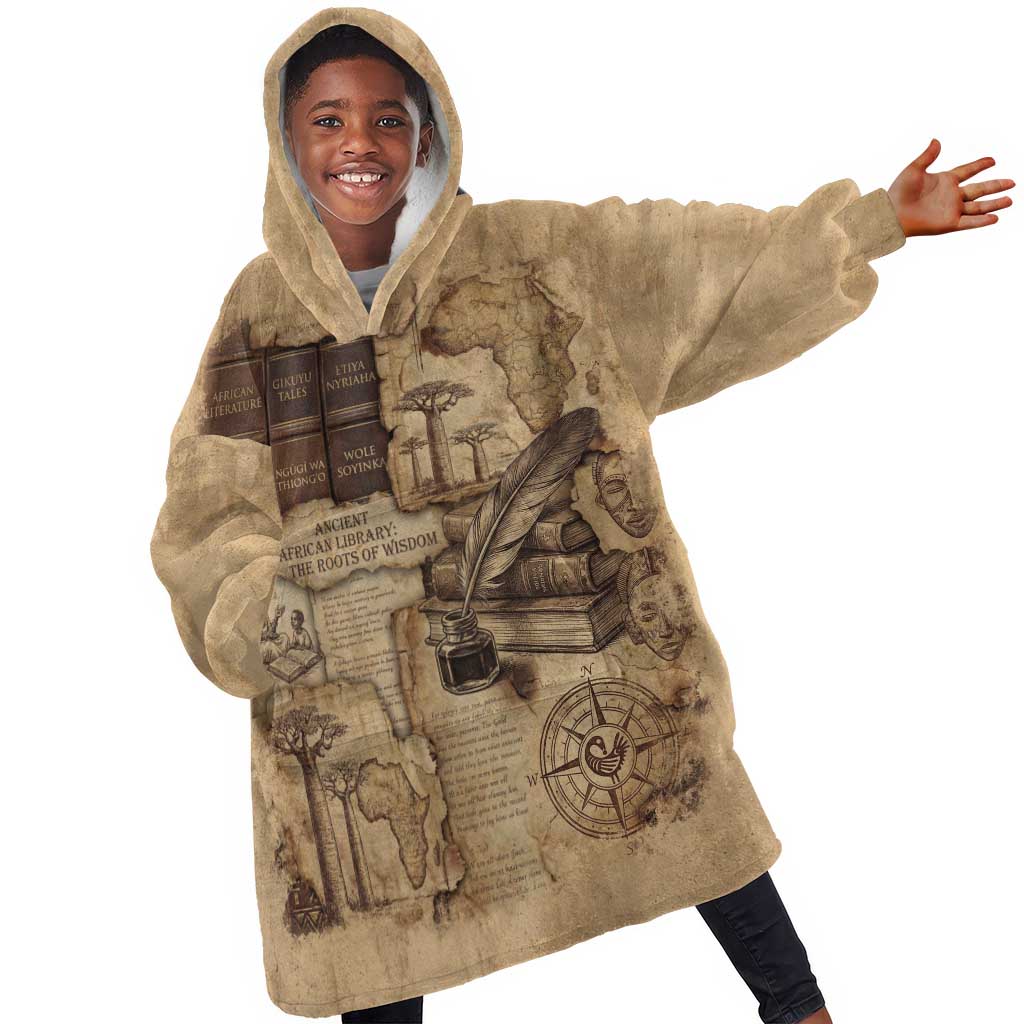 Ngugi wa Thiong O Kid Wearable Blanket Hoodie Vintage Map Ancient African Library - Decolonising the Mind - African Pride