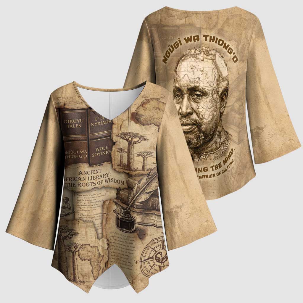 Ngugi wa Thiong O Kimono Sleeve Blouse Vintage Map Ancient African Library - Decolonising the Mind - African Pride
