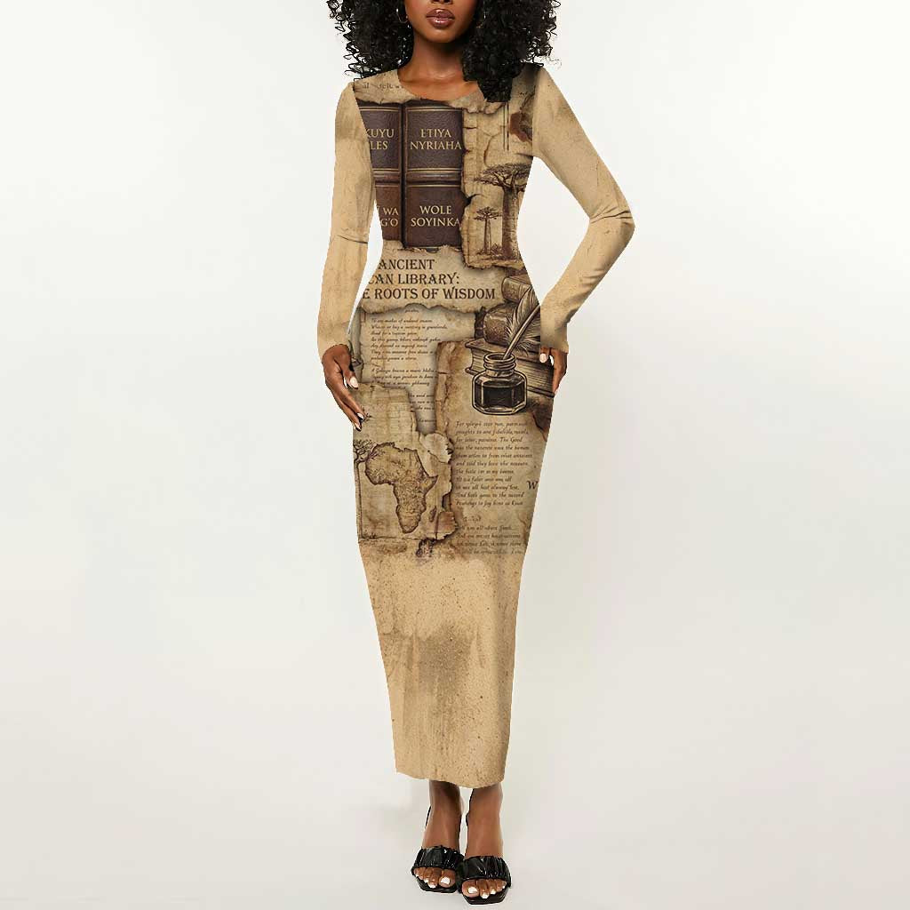 Ngugi wa Thiong O Long Sleeve Bodycon Dress Vintage Map Ancient African Library - Decolonising the Mind - African Pride