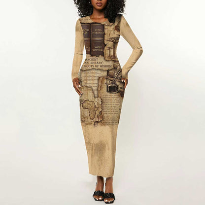 Ngugi wa Thiong O Long Sleeve Bodycon Dress Vintage Map Ancient African Library - Decolonising the Mind - African Pride