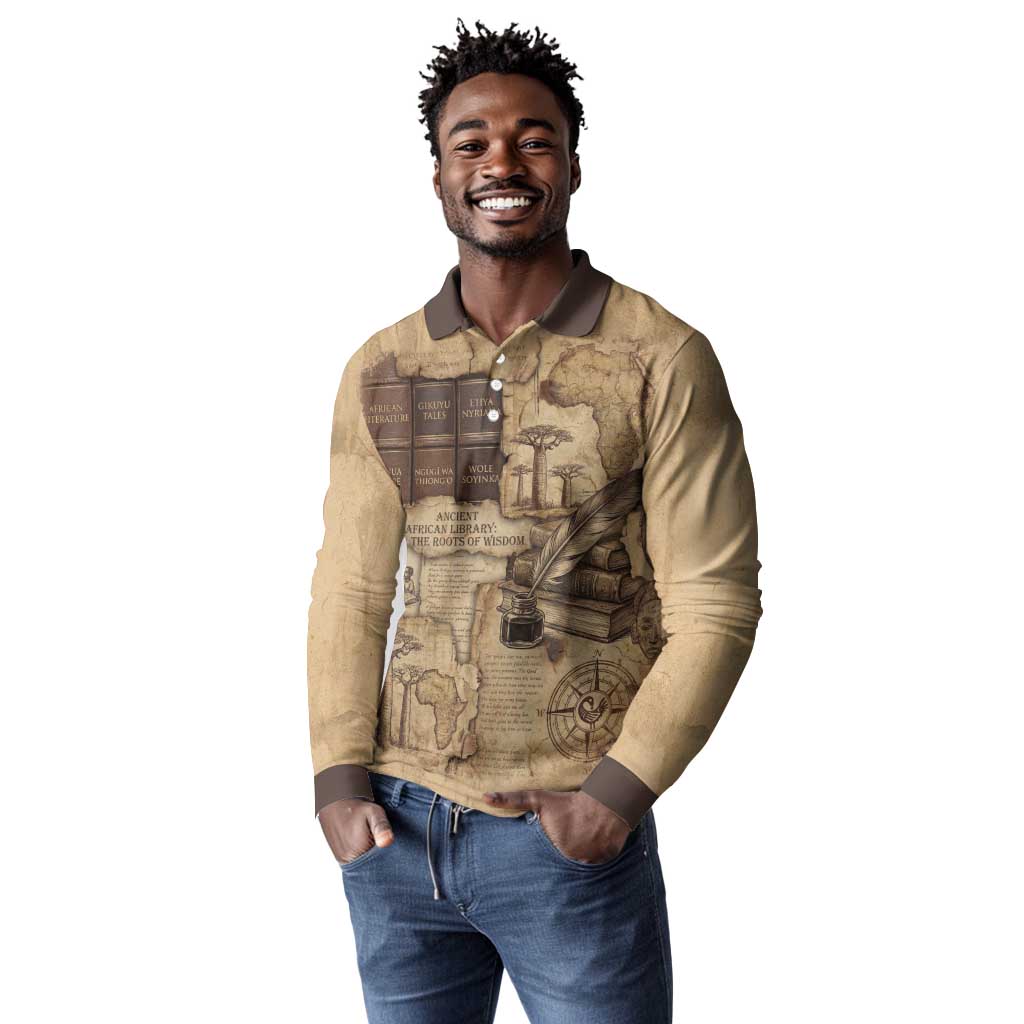 Ngugi wa Thiong O Long Sleeve Polo Shirt Vintage Map Ancient African Library - Decolonising the Mind - African Pride