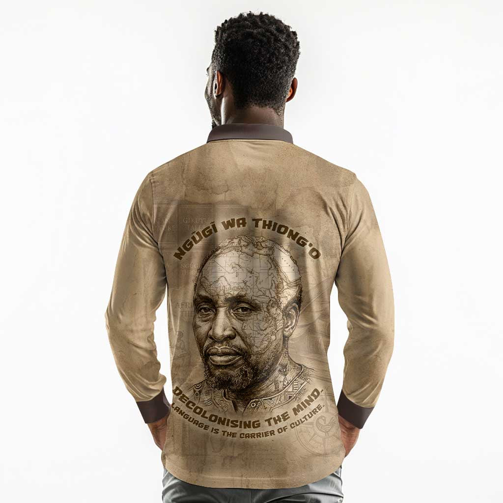 Ngugi wa Thiong O Long Sleeve Polo Shirt Vintage Map Ancient African Library - Decolonising the Mind - African Pride