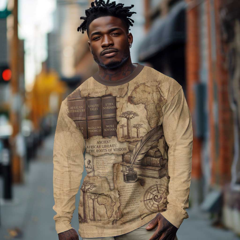 Ngugi wa Thiong O Long Sleeve Shirt Vintage Map Ancient African Library - Decolonising the Mind - African Pride