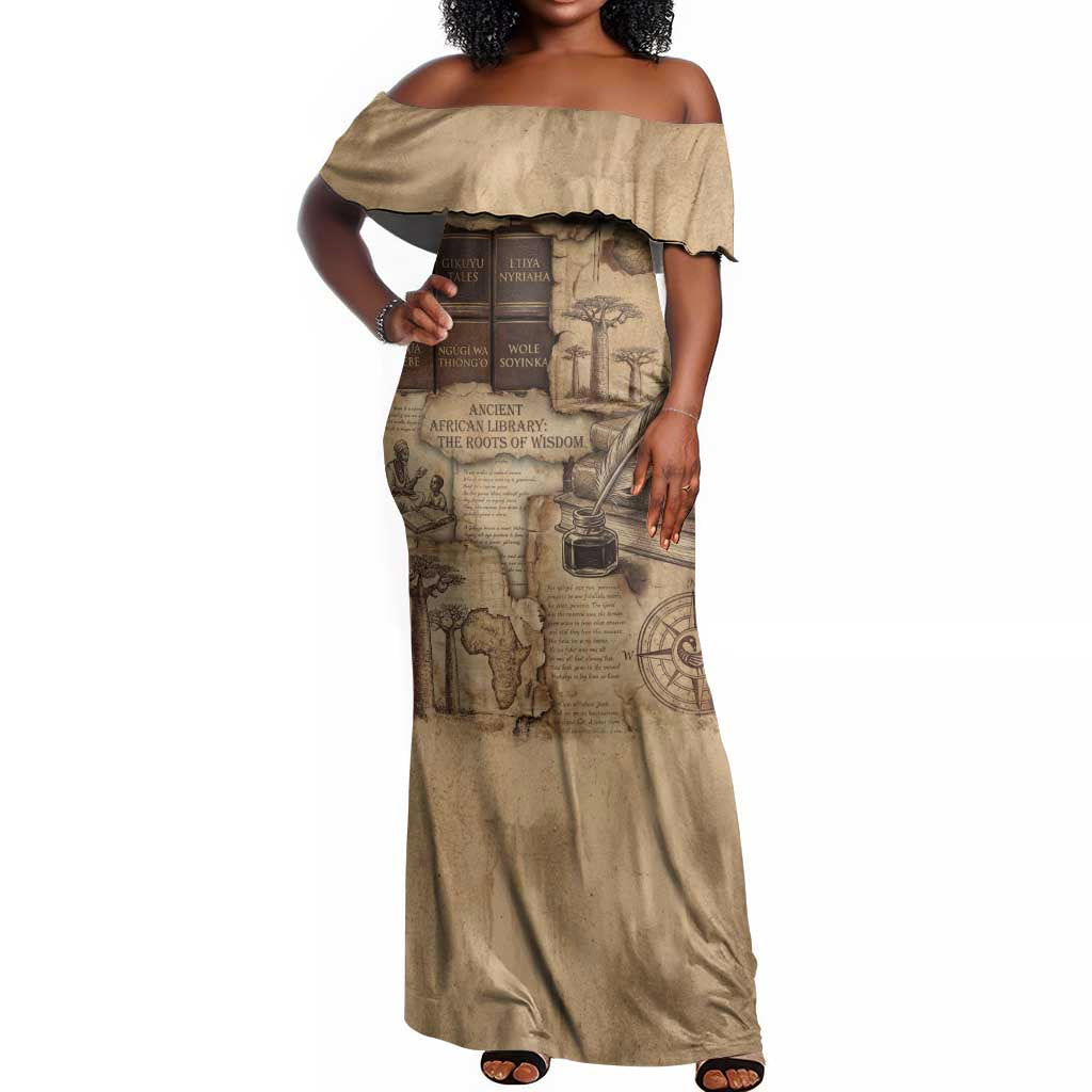 Ngugi wa Thiong O Off Shoulder Maxi Dress Vintage Map Ancient African Library - Decolonising the Mind - African Pride