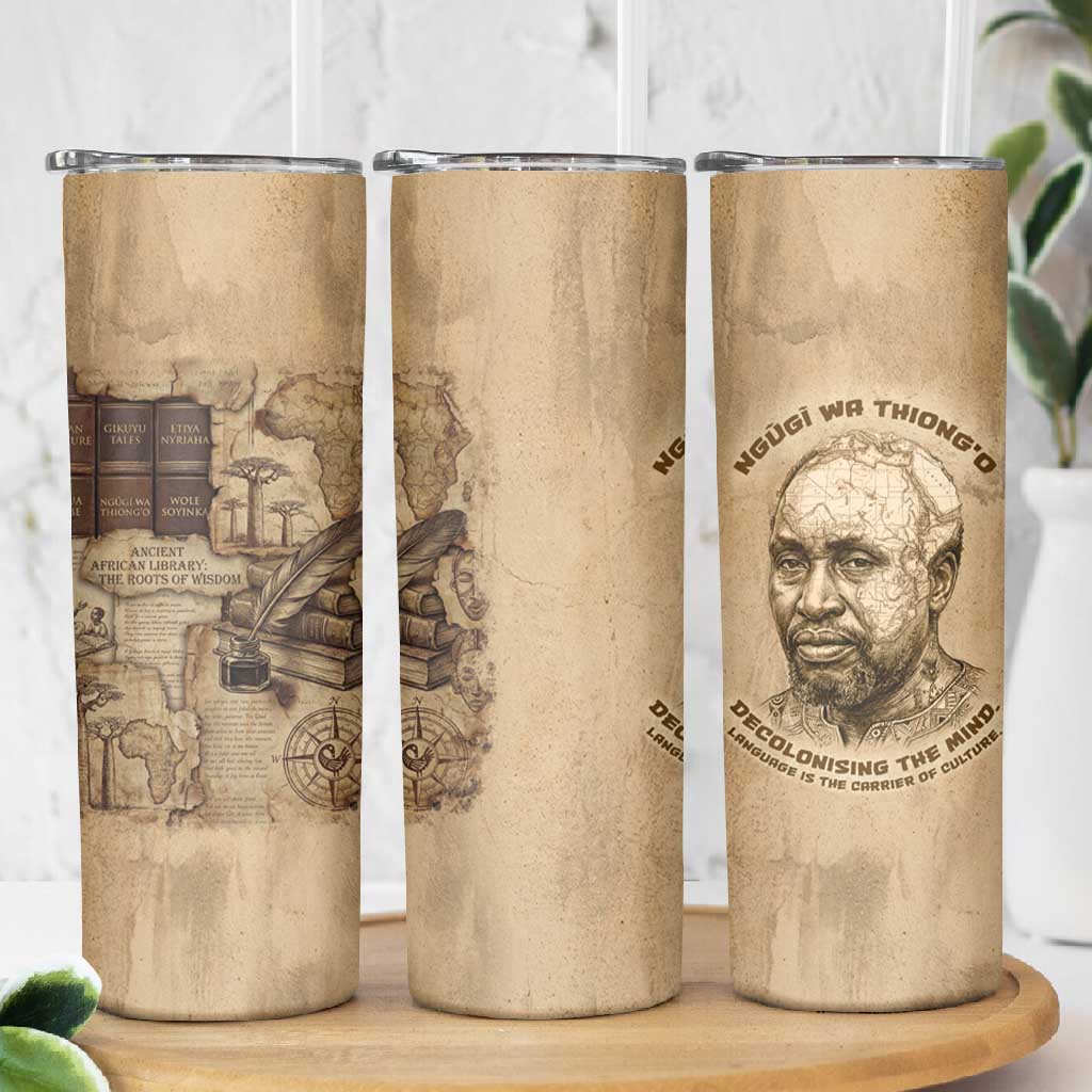 Ngugi wa Thiong O Skinny Tumbler Vintage Map Ancient African Library - Decolonising the Mind - African Pride