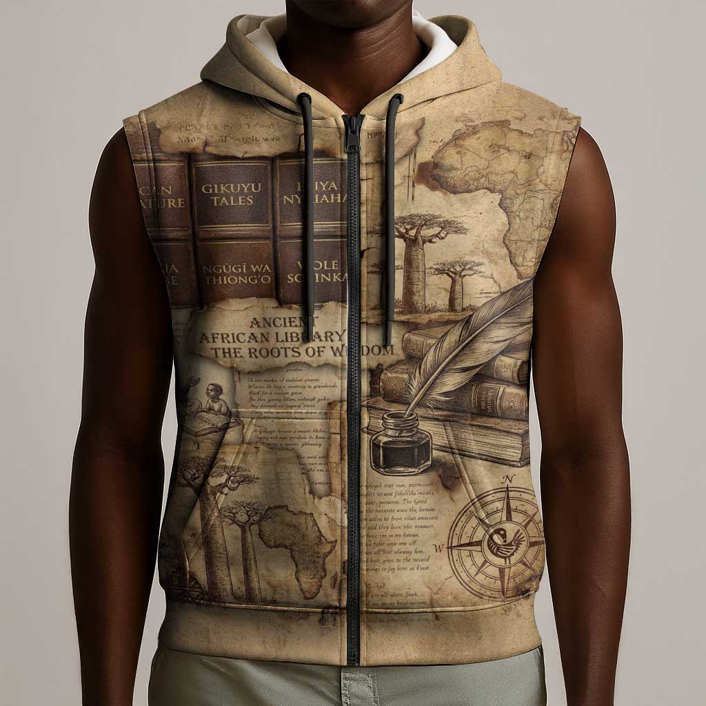 Ngugi wa Thiong O Sleeveless Zip Hoodie Vintage Map Ancient African Library - Decolonising the Mind - African Pride
