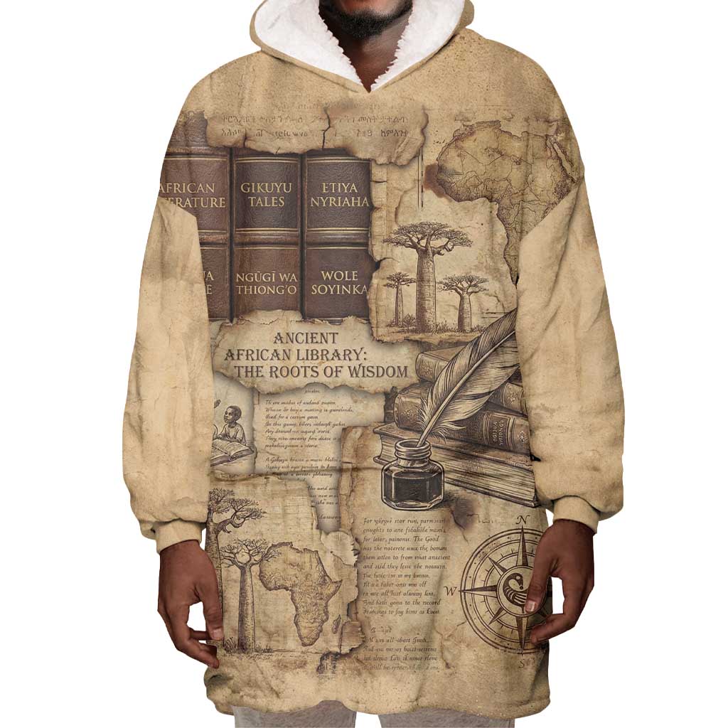Ngugi wa Thiong O Wearable Blanket Hoodie Vintage Map Ancient African Library - Decolonising the Mind - African Pride