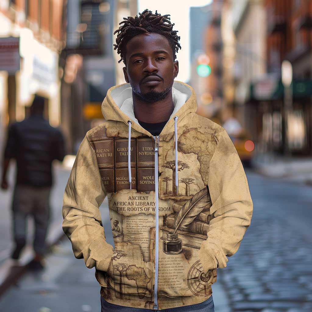 Ngugi wa Thiong O Zip Hoodie Vintage Map Ancient African Library - Decolonising the Mind - African Pride