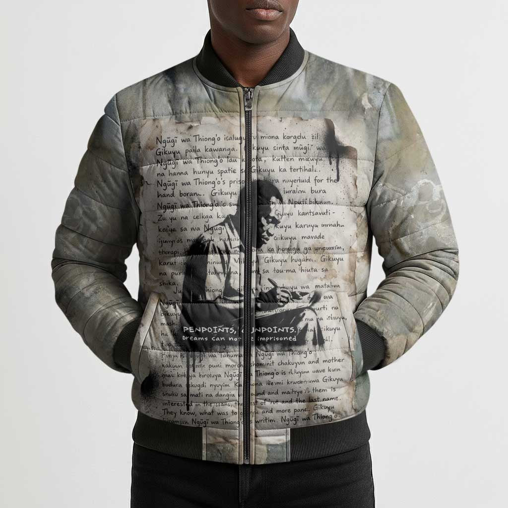 Ngugi wa Thiong O Bomber Puffer Jacket Graffiti Resist Statement Ink Pen Revolution Fist Literary Activism - African Pride