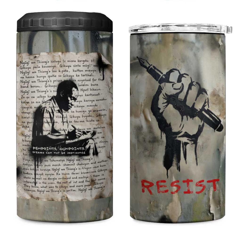 Ngugi wa Thiong O 4 in 1 Can Cooler Tumbler Graffiti Resist Statement Ink Pen Revolution Fist Literary Activism - African Pride