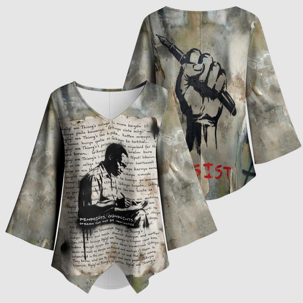 Ngugi wa Thiong O Kimono Sleeve Blouse Graffiti Resist Statement Ink Pen Revolution Fist Literary Activism - African Pride