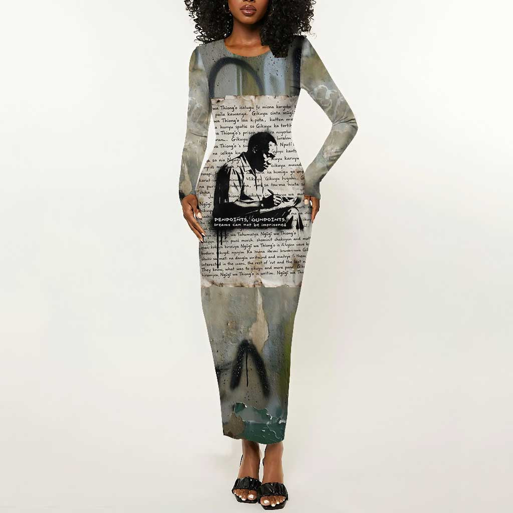 Ngugi wa Thiong O Long Sleeve Bodycon Dress Graffiti Resist Statement Ink Pen Revolution Fist Literary Activism - African Pride