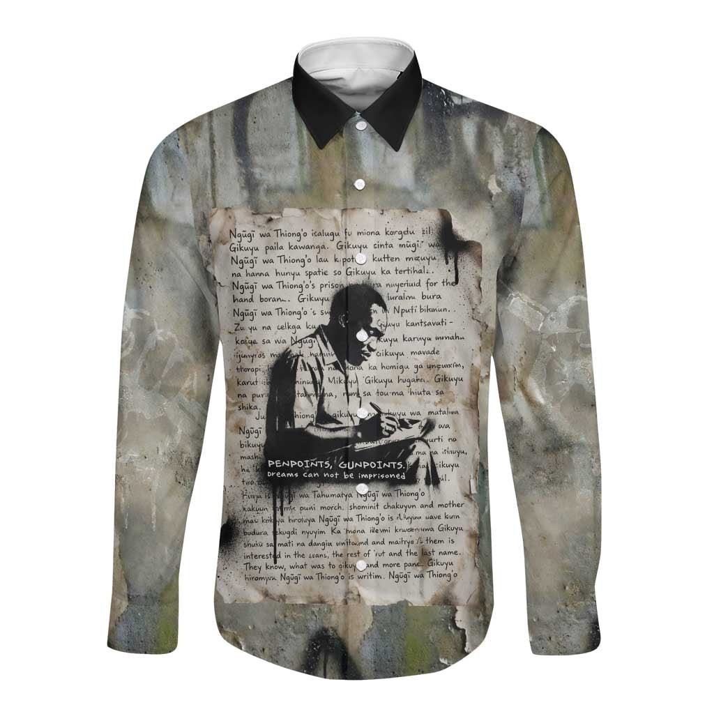 Ngugi wa Thiong O Long Sleeve Button Shirt Graffiti Resist Statement Ink Pen Revolution Fist Literary Activism - African Pride