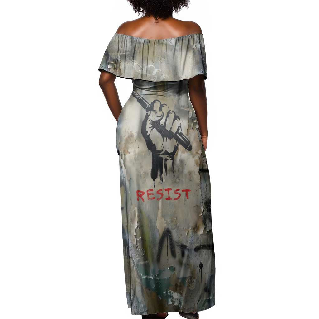 Ngugi wa Thiong O Off Shoulder Maxi Dress Graffiti Resist Statement Ink Pen Revolution Fist Literary Activism - African Pride