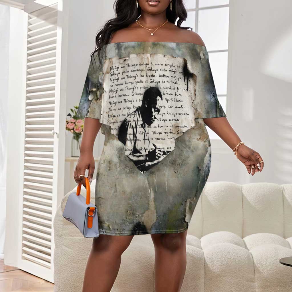 Ngugi wa Thiong O Off Shoulder Short Dress Graffiti Resist Statement Ink Pen Revolution Fist Literary Activism - African Pride