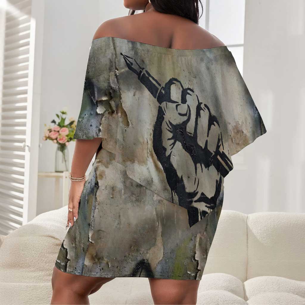 Ngugi wa Thiong O Off Shoulder Short Dress Graffiti Resist Statement Ink Pen Revolution Fist Literary Activism - African Pride