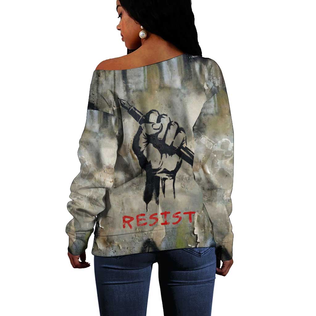 Ngugi wa Thiong O Off Shoulder Sweater Graffiti Resist Statement Ink Pen Revolution Fist Literary Activism - African Pride