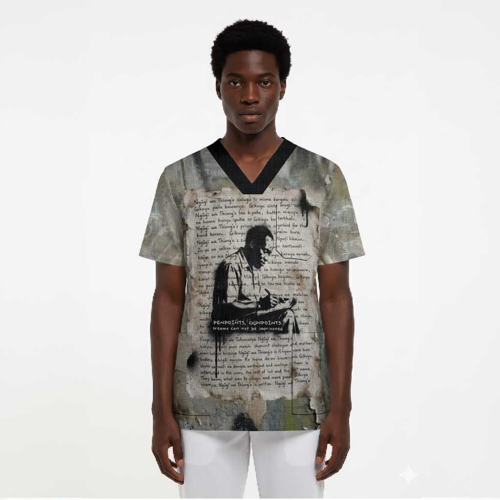 Ngugi wa Thiong O Scrub Top Graffiti Resist Statement Ink Pen Revolution Fist Literary Activism - African Pride