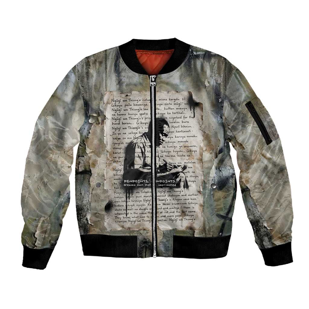Ngugi wa Thiong O Sleeve Zip Bomber Jacket Graffiti Resist Statement Ink Pen Revolution Fist Literary Activism - African Pride