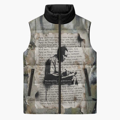 Ngugi wa Thiong O Sleeveless Puffer Jacket Graffiti Resist Statement Ink Pen Revolution Fist Literary Activism - African Pride