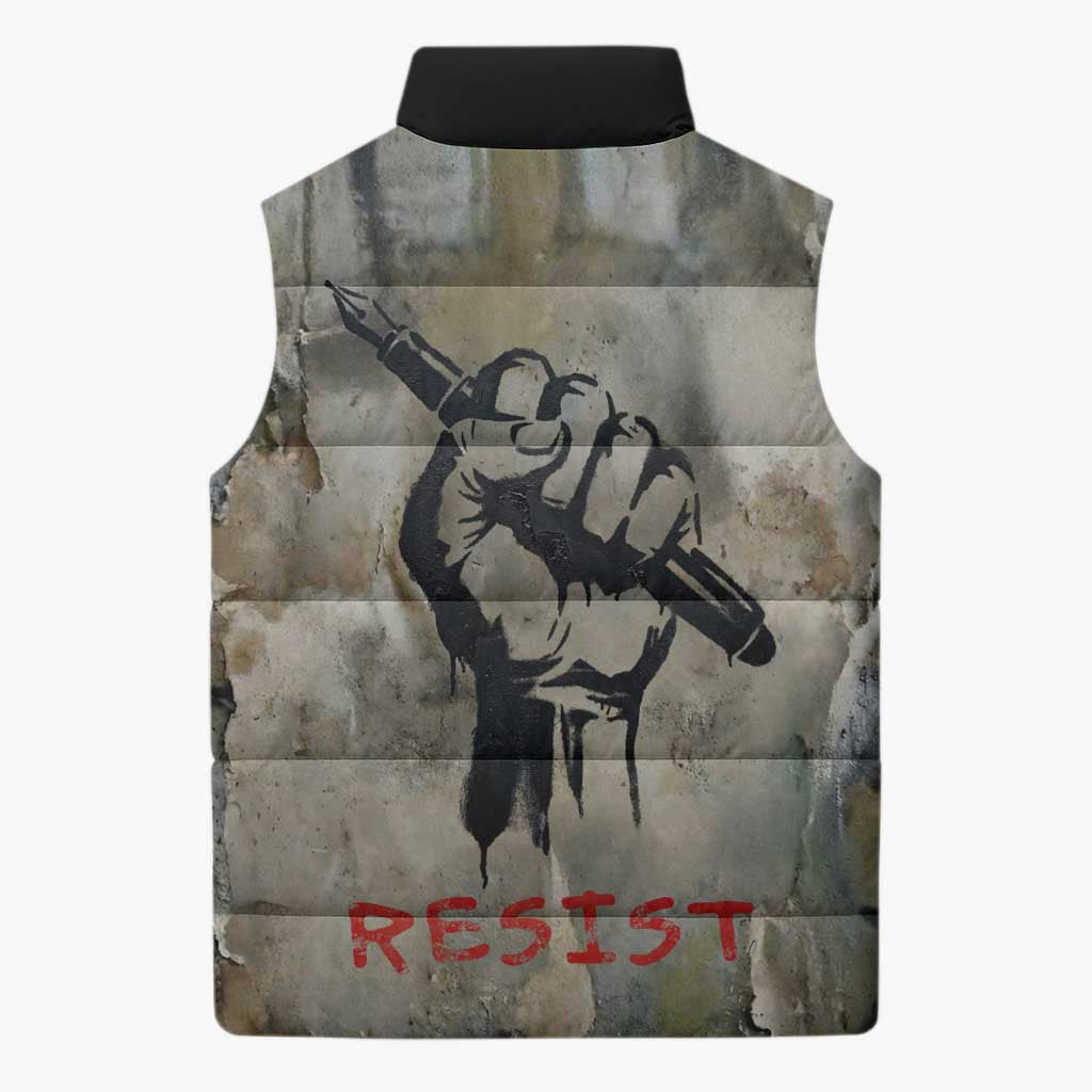 Ngugi wa Thiong O Sleeveless Puffer Jacket Graffiti Resist Statement Ink Pen Revolution Fist Literary Activism - African Pride