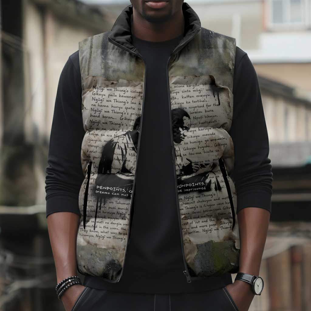 Ngugi wa Thiong O Sleeveless Puffer Jacket Graffiti Resist Statement Ink Pen Revolution Fist Literary Activism - African Pride