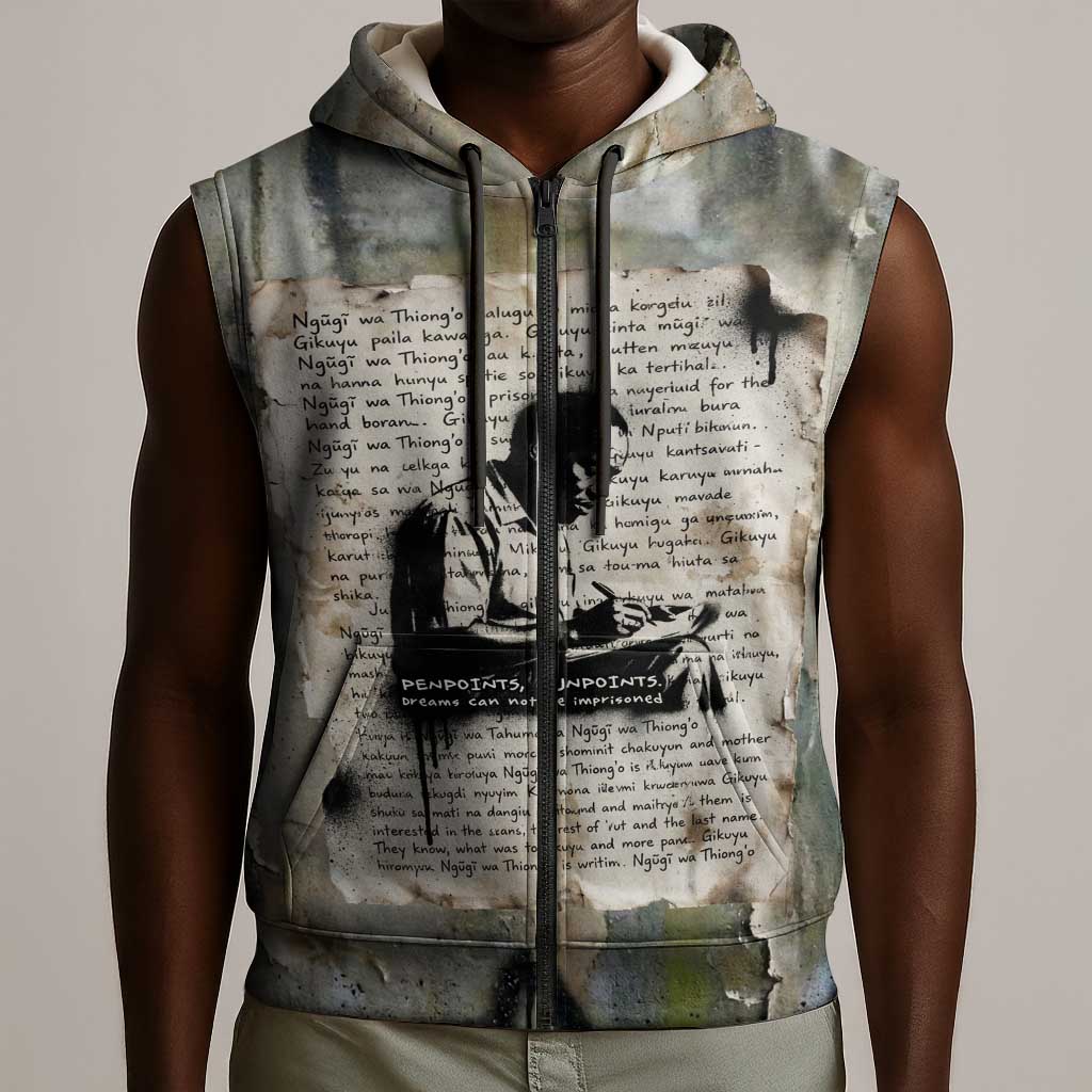 Ngugi wa Thiong O Sleeveless Zip Hoodie Graffiti Resist Statement Ink Pen Revolution Fist Literary Activism - African Pride