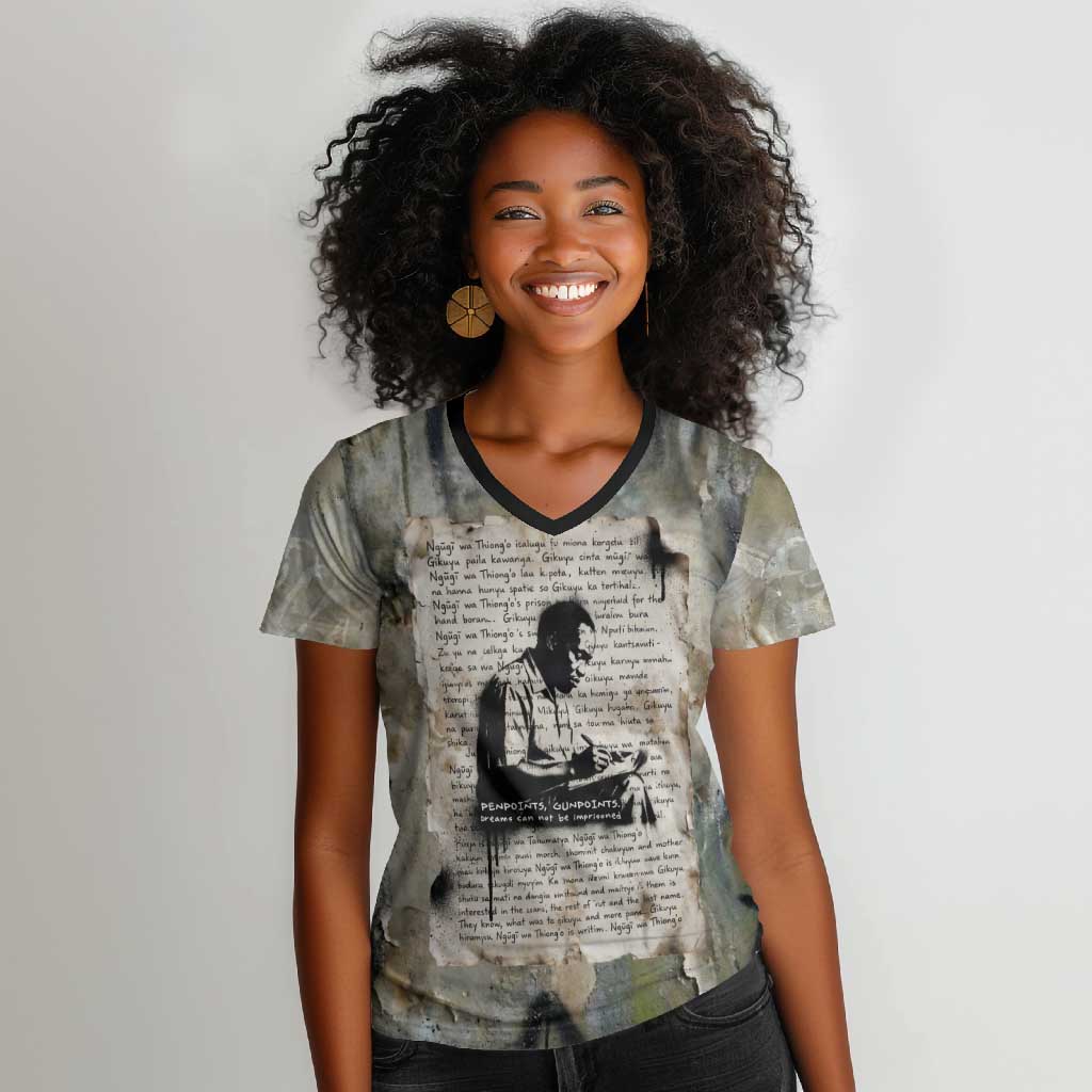 Ngugi wa Thiong O Women V-Neck T-Shirt Graffiti Resist Statement Ink Pen Revolution Fist Literary Activism - African Pride