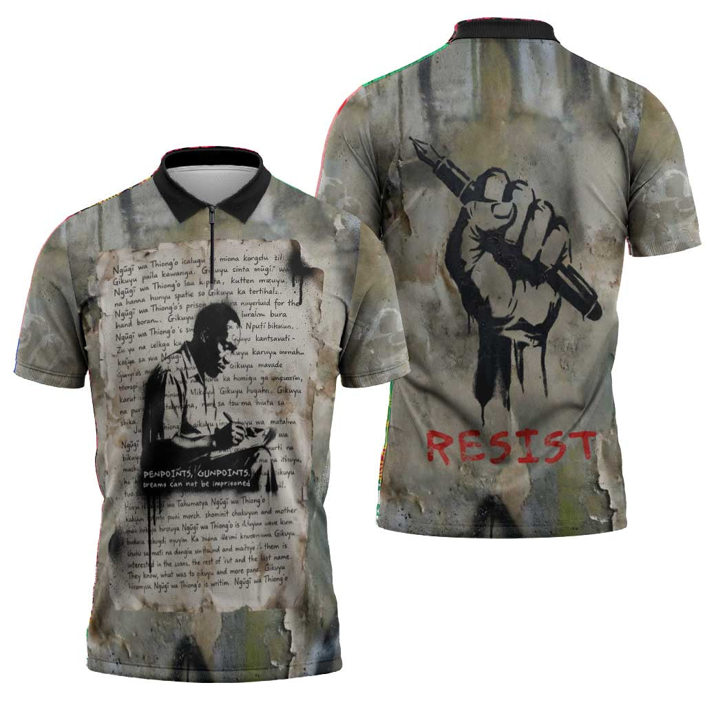 Ngugi wa Thiong O Zipper Polo Shirt Graffiti Resist Statement Ink Pen Revolution Fist Literary Activism - African Pride